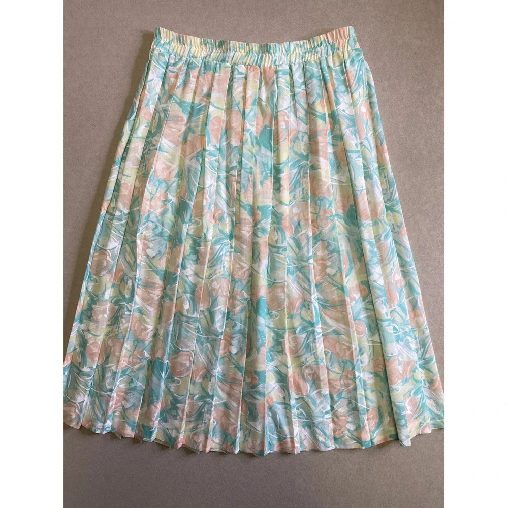 Vintage Jessica Cole Pastel Floral Pleated Midi Skirt Elastic Waist Medium USA
